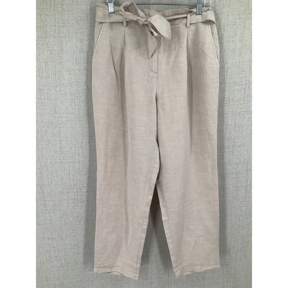 LOFT Pants Women Medium Beige Linen Viscose Paperbag Waist Tie Belt Minimalist